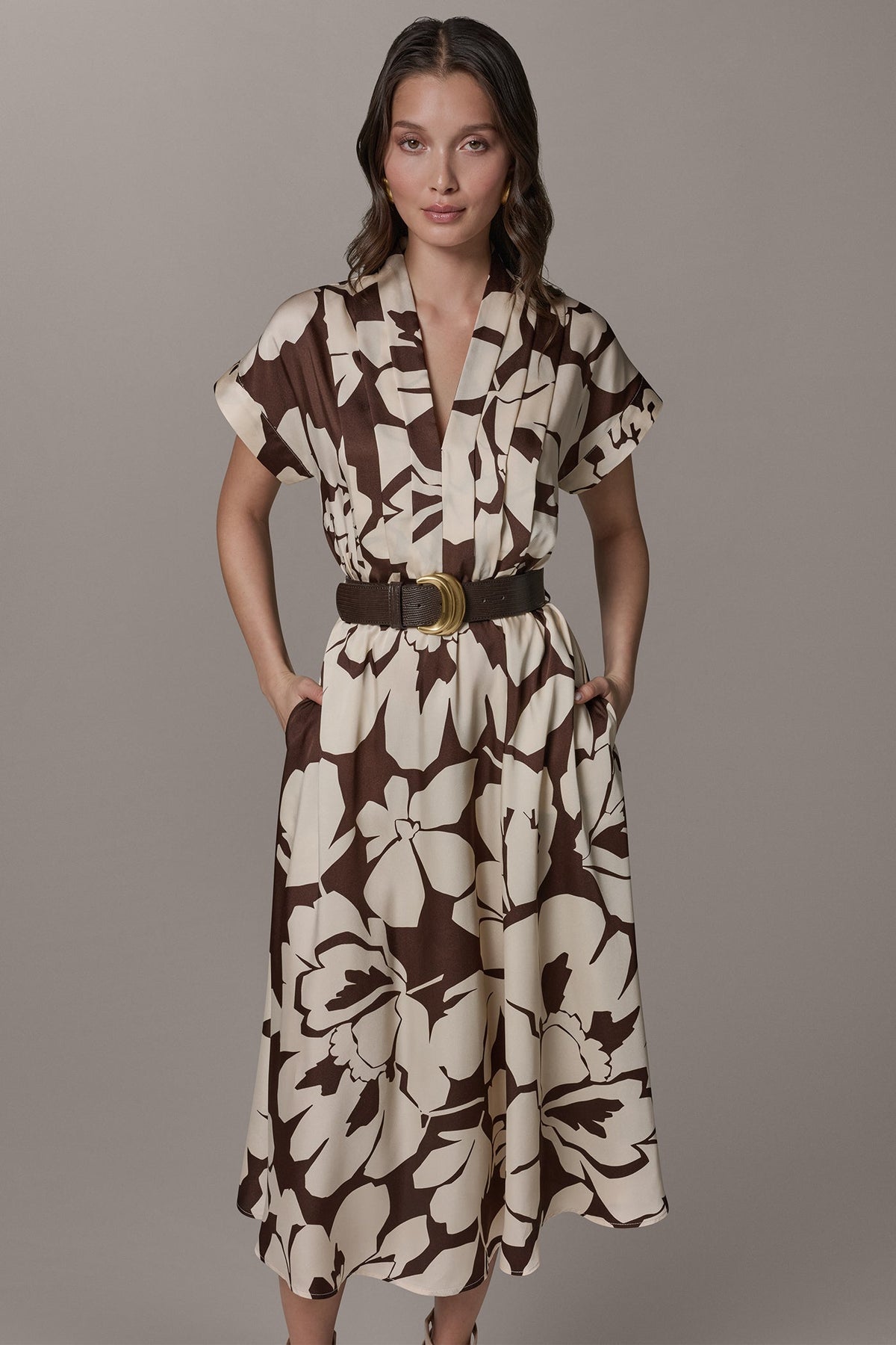 SHORT SLEEVE FLORAL MIDI A-LINE DRESS - Canyon/Canvas
