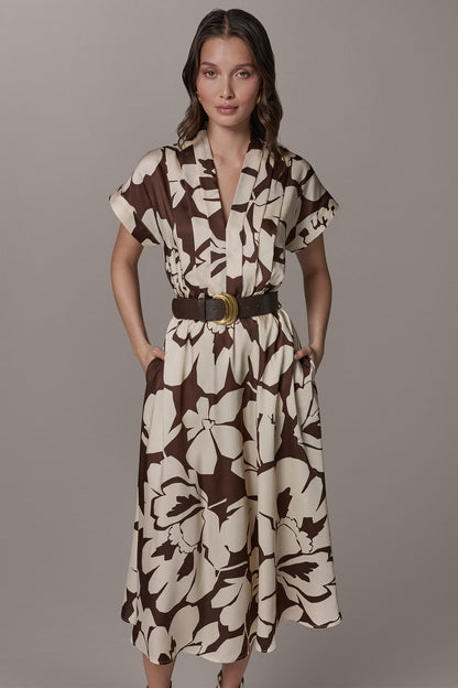 SHORT SLEEVE FLORAL MIDI A-LINE DRESS - Canyon/Canvas