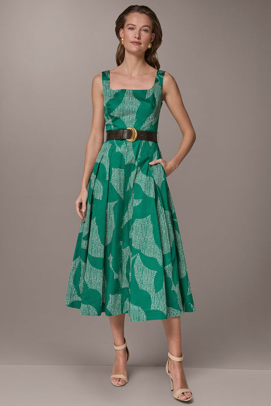 STRETCH COTTON-POPLIN PRINTED PLEATED MIDI A-LINE DRESS - Lawn/Cream