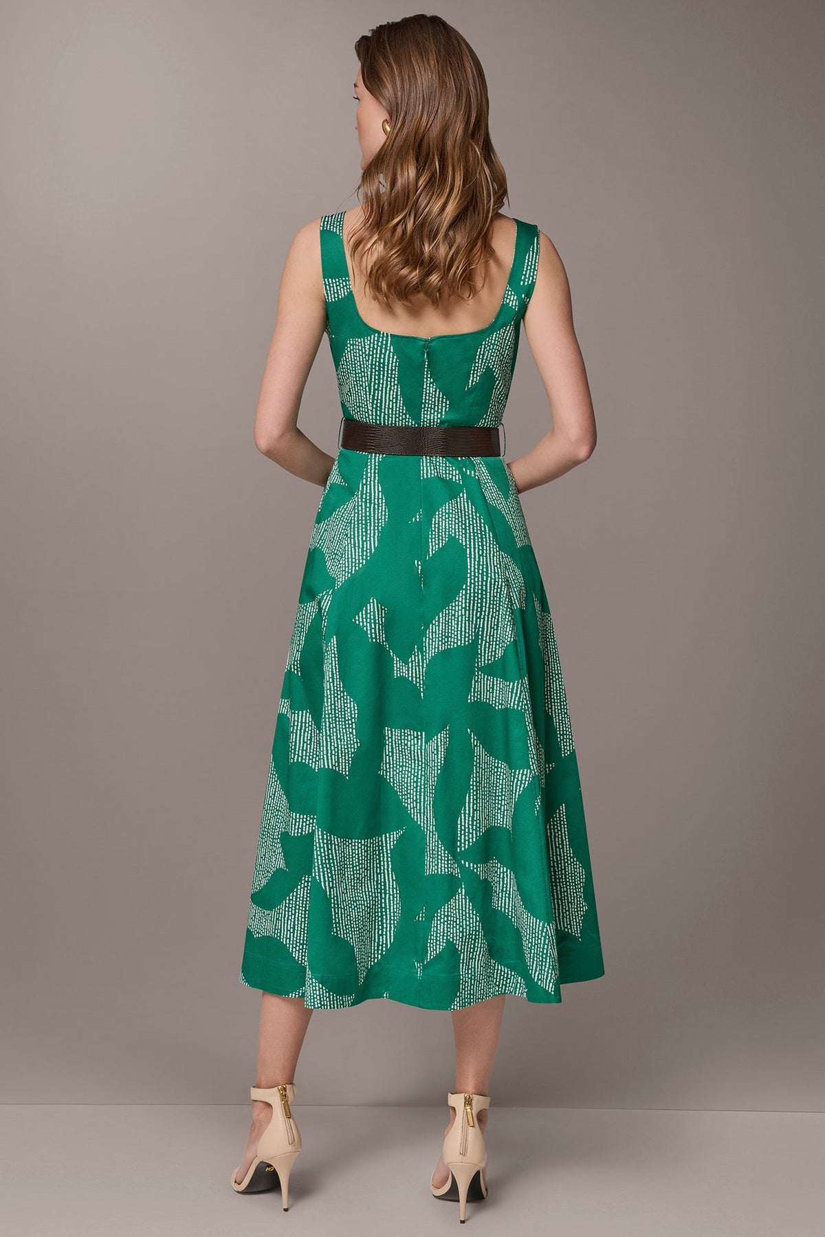 STRETCH COTTON-POPLIN PRINTED PLEATED MIDI A-LINE DRESS - Lawn/Cream