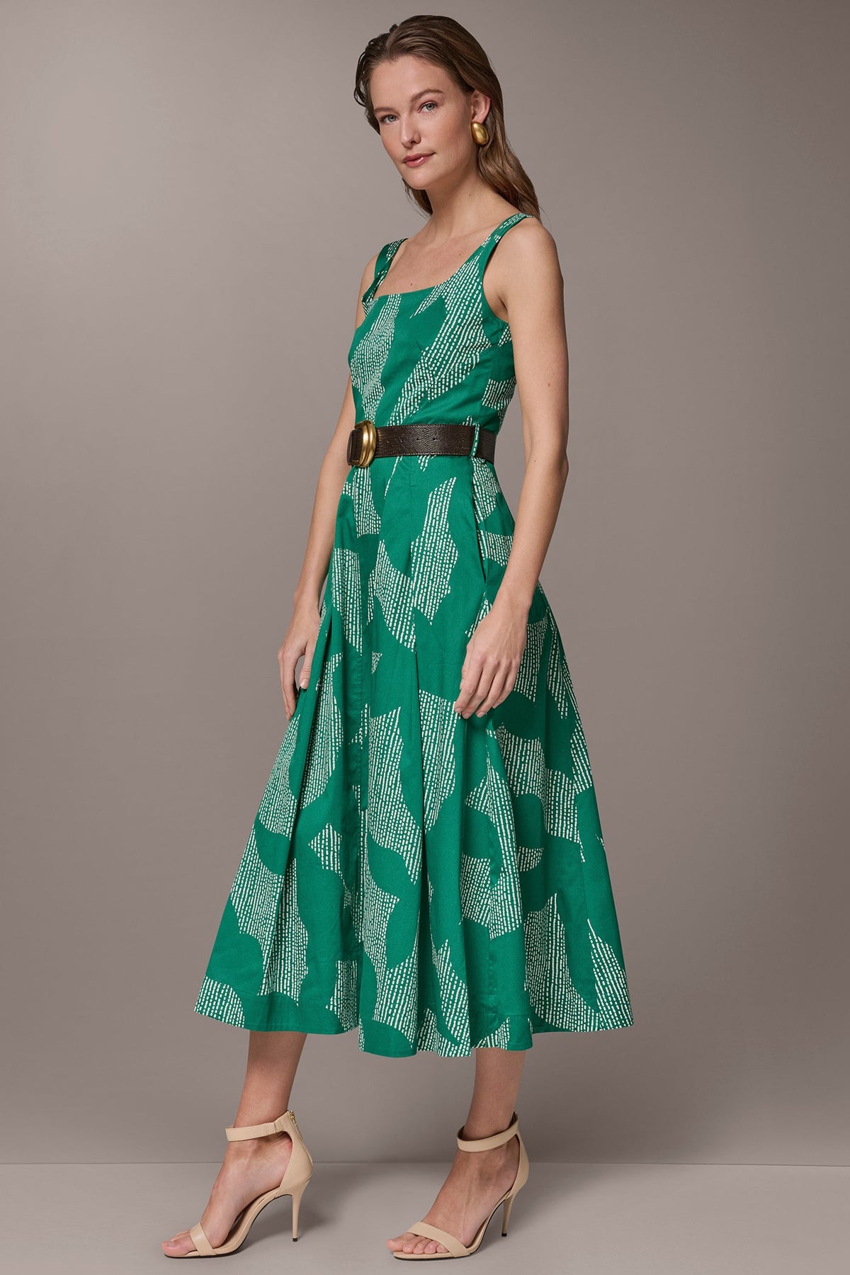 STRETCH COTTON-POPLIN PRINTED PLEATED MIDI A-LINE DRESS - Lawn/Cream