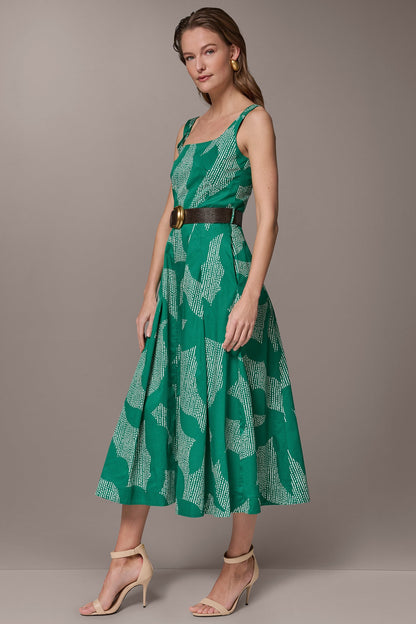 STRETCH COTTON-POPLIN PRINTED PLEATED MIDI A-LINE DRESS - Lawn/Cream