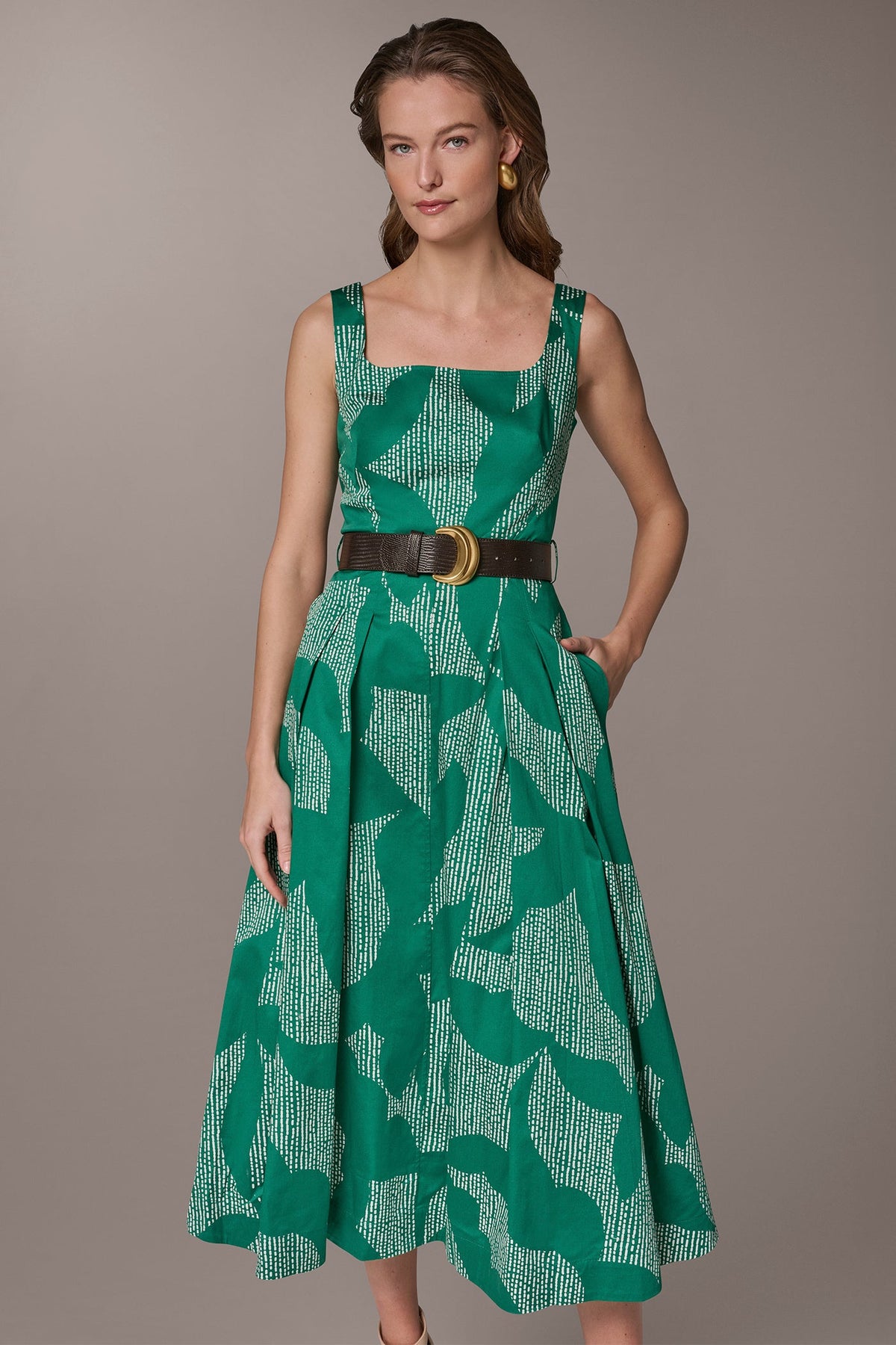 STRETCH COTTON-POPLIN PRINTED PLEATED MIDI A-LINE DRESS - Lawn/Cream