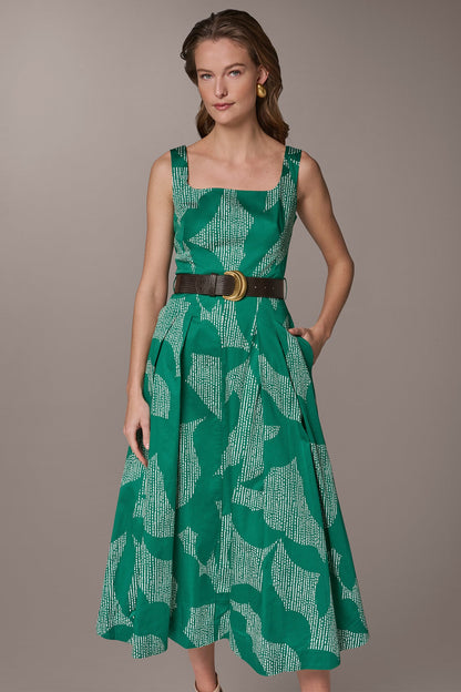 STRETCH COTTON-POPLIN PRINTED PLEATED MIDI A-LINE DRESS - Lawn/Cream