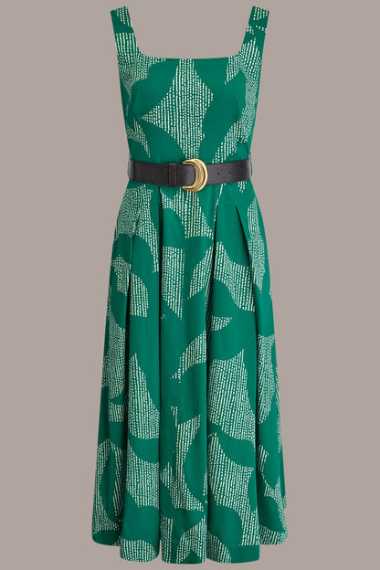 STRETCH COTTON-POPLIN PRINTED PLEATED MIDI A-LINE DRESS - Lawn/Cream