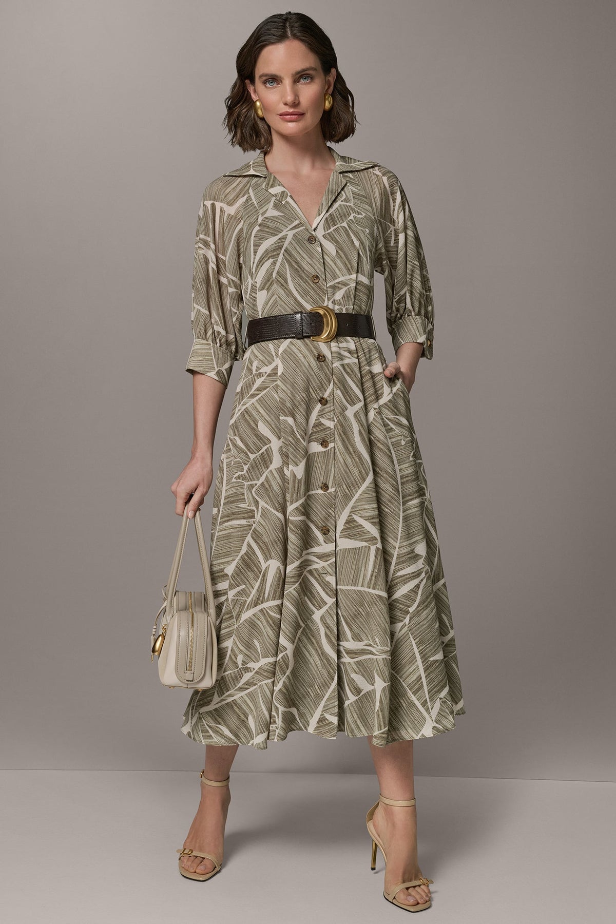 ABSTRACT BELTED A LINE MIDI SHIRT DRESS - Light Olive Multi