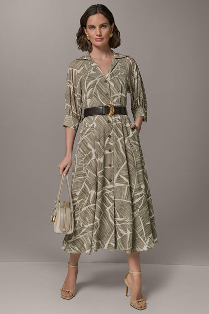 ABSTRACT BELTED A LINE MIDI SHIRT DRESS - Light Olive Multi