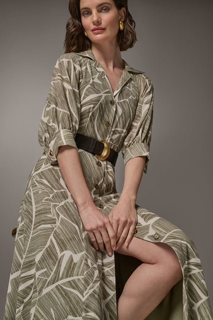 ABSTRACT BELTED A LINE MIDI SHIRT DRESS - Light Olive Multi