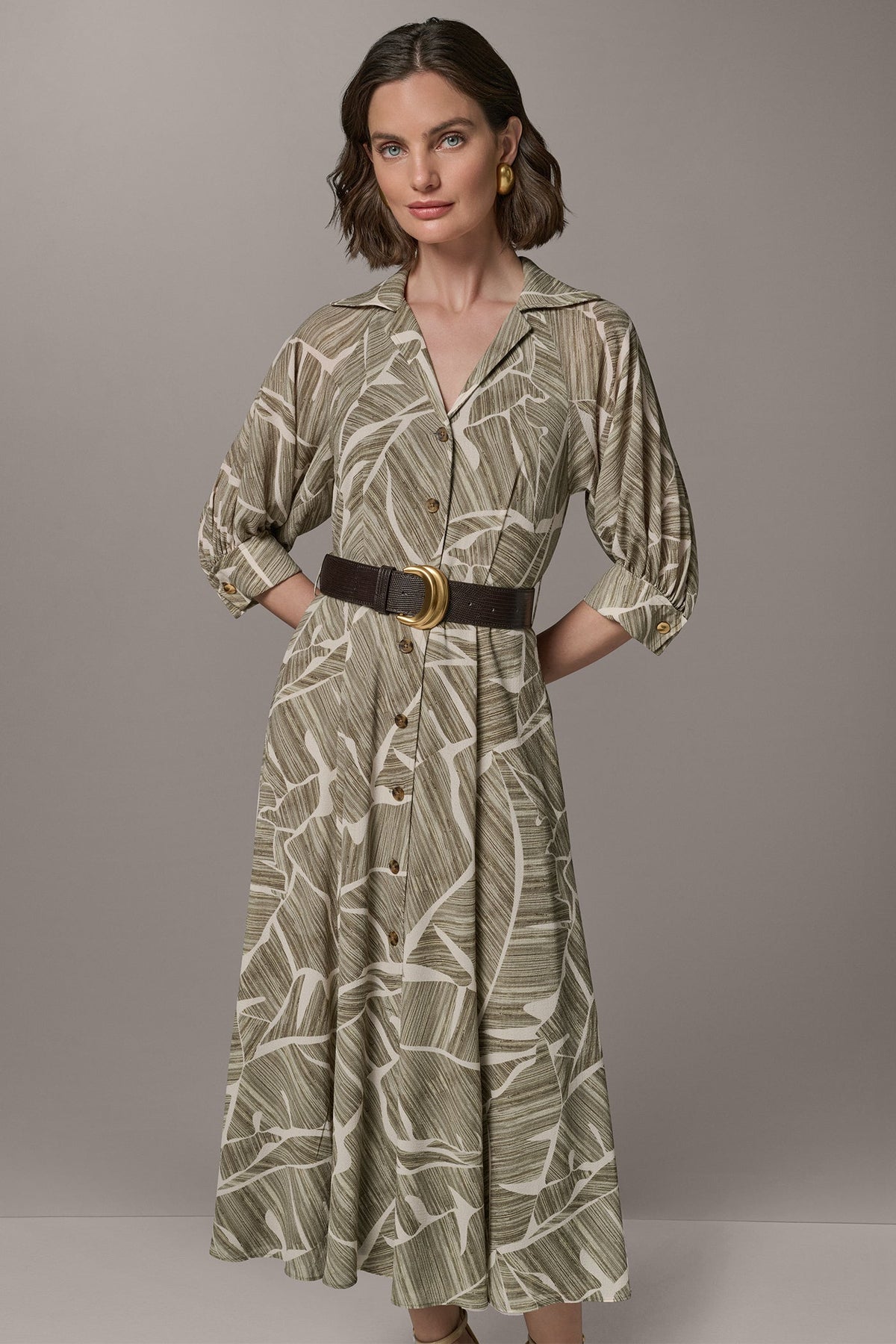 ABSTRACT BELTED A LINE MIDI SHIRT DRESS - Light Olive Multi