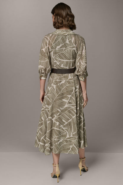 ABSTRACT BELTED A LINE MIDI SHIRT DRESS - Light Olive Multi