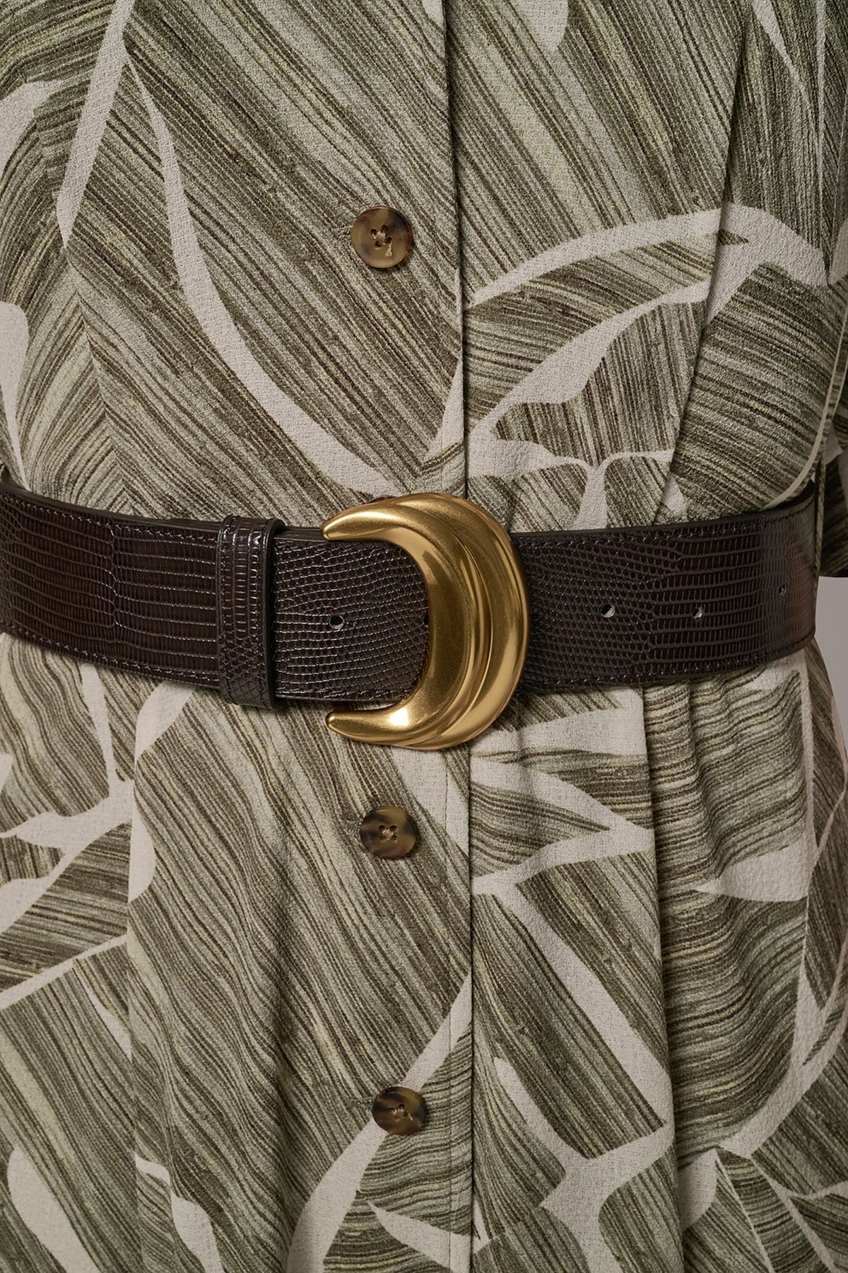 ABSTRACT BELTED A LINE MIDI SHIRT DRESS - Light Olive Multi