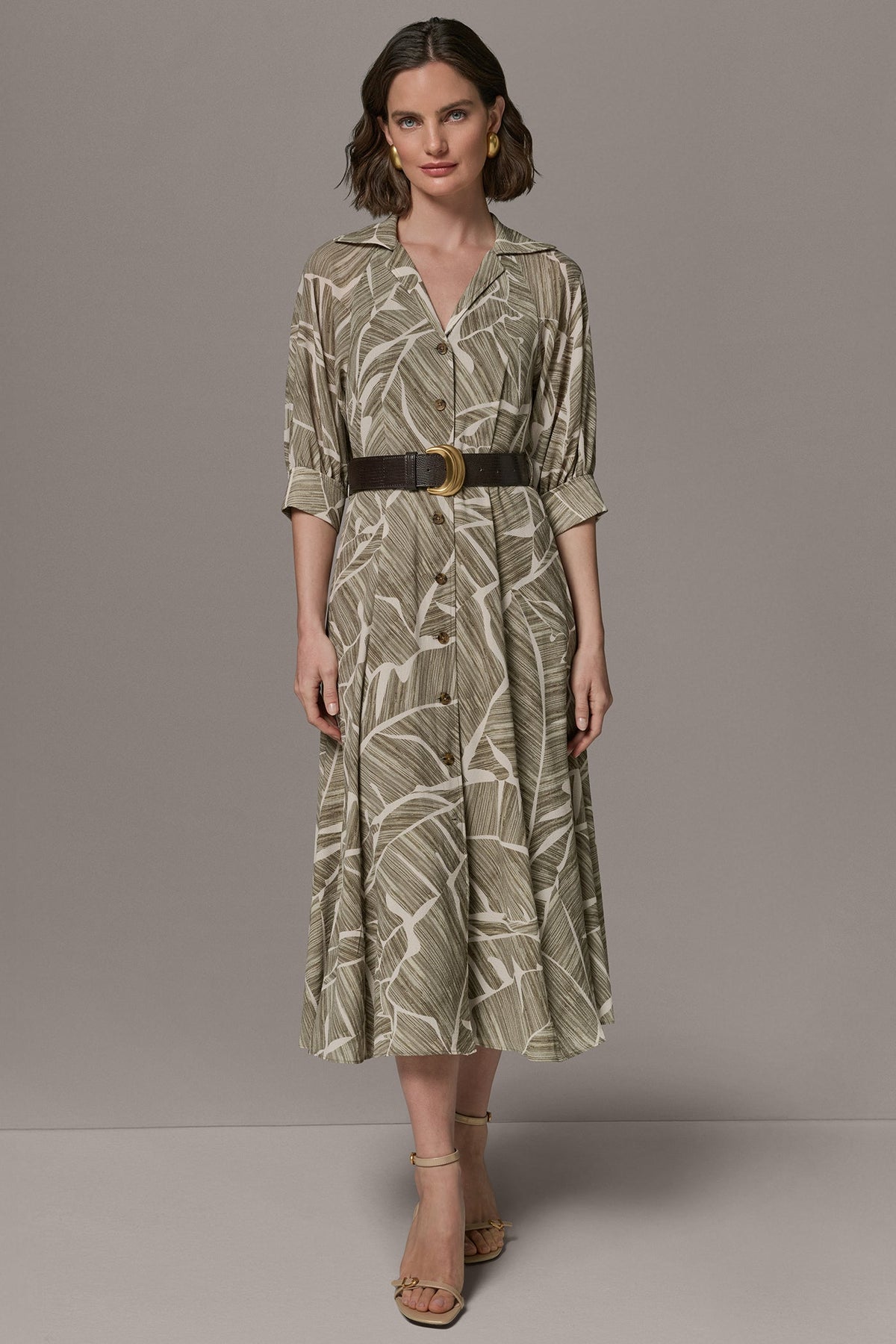 ABSTRACT BELTED A LINE MIDI SHIRT DRESS - Light Olive Multi