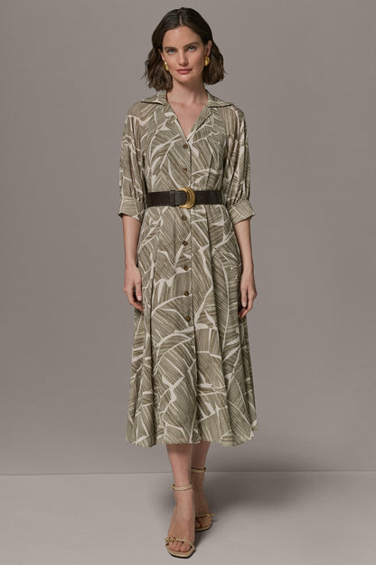 ABSTRACT BELTED A LINE MIDI SHIRT DRESS - Light Olive Multi