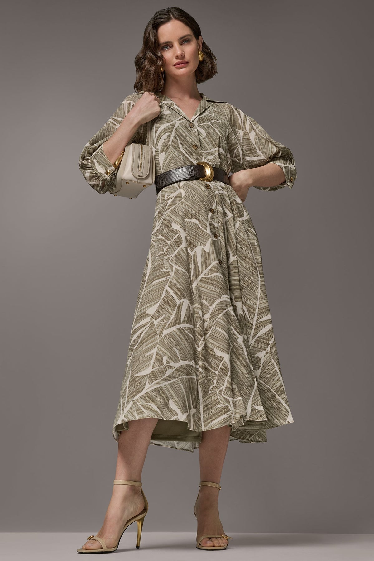 ABSTRACT BELTED A LINE MIDI SHIRT DRESS - Light Olive Multi