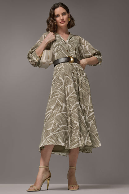 ABSTRACT BELTED A LINE MIDI SHIRT DRESS - Light Olive Multi