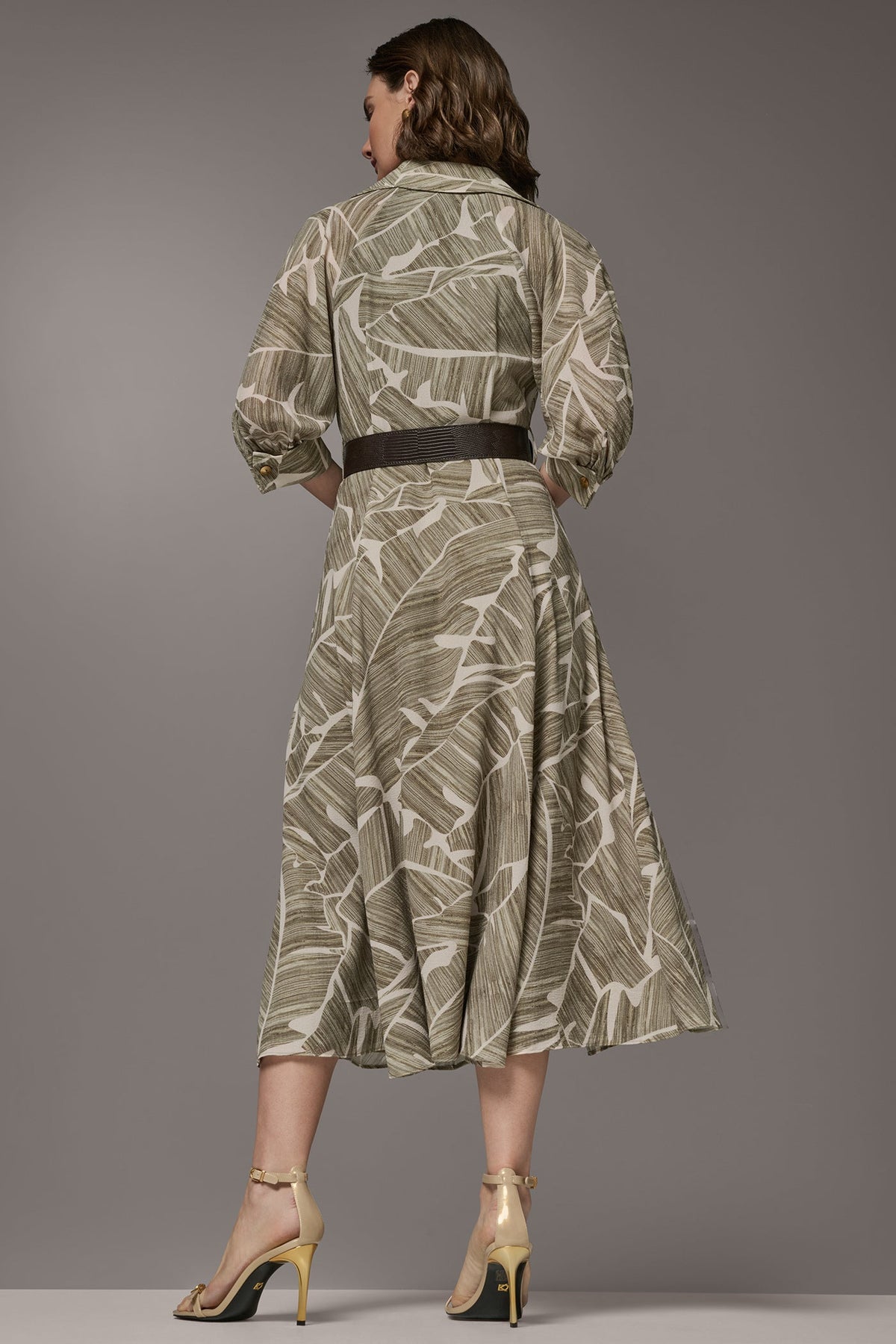 ABSTRACT BELTED A LINE MIDI SHIRT DRESS - Light Olive Multi