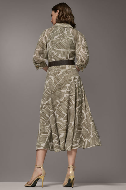 ABSTRACT BELTED A LINE MIDI SHIRT DRESS - Light Olive Multi