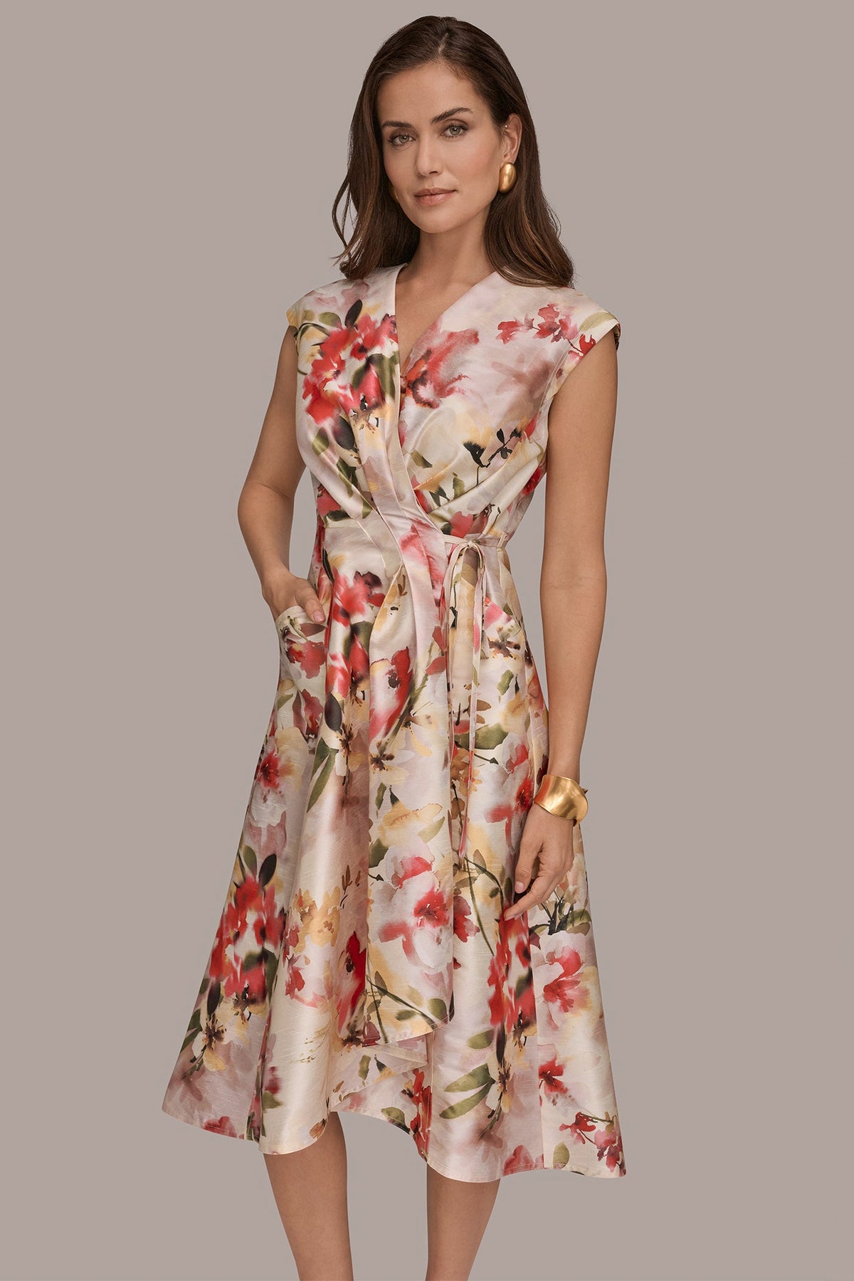 DUPIONI FLORAL WRAP DRESS - EGGSHELL MULTI