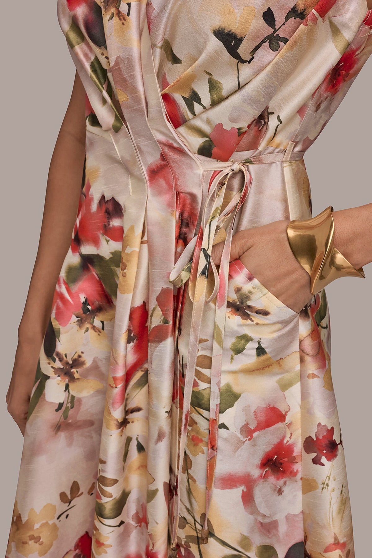 DUPIONI FLORAL WRAP DRESS - EGGSHELL MULTI