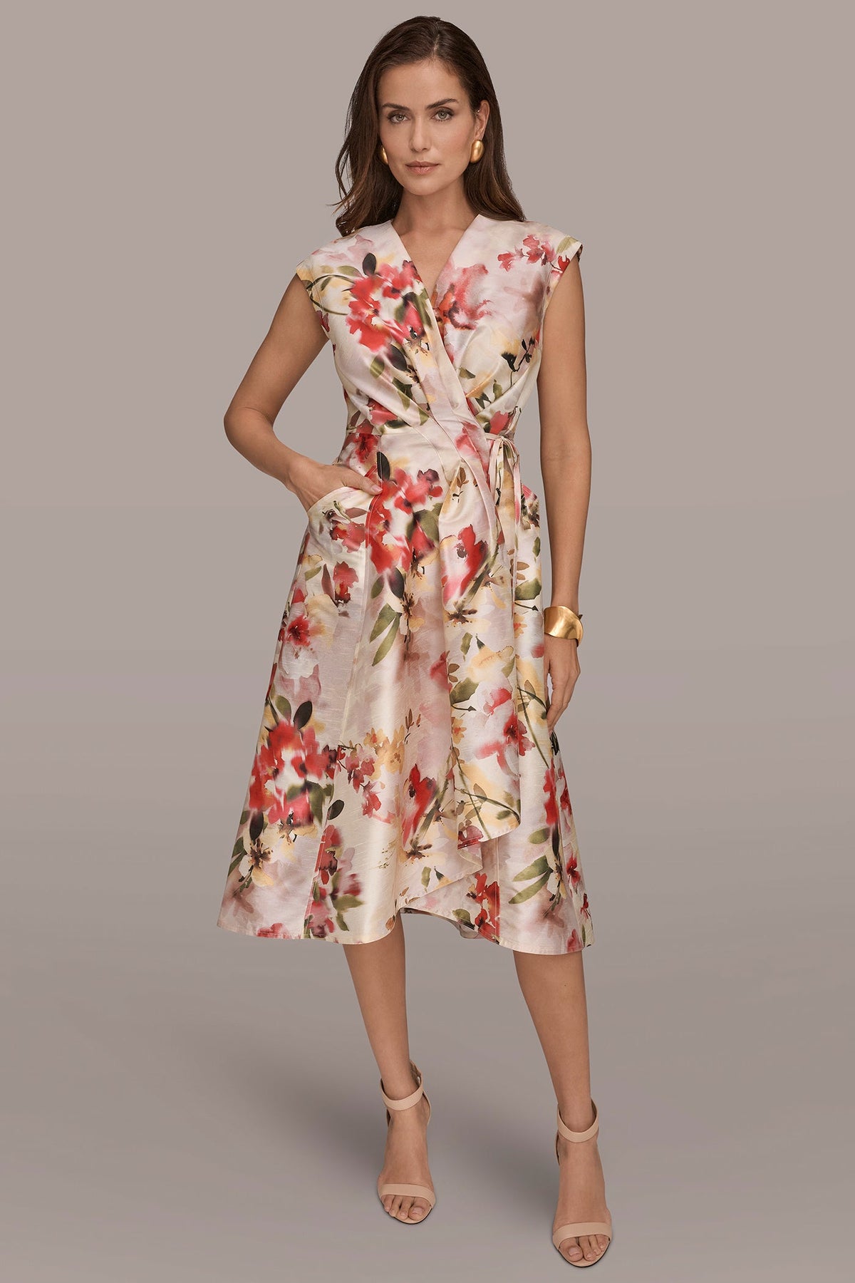 DUPIONI FLORAL WRAP DRESS - EGGSHELL MULTI