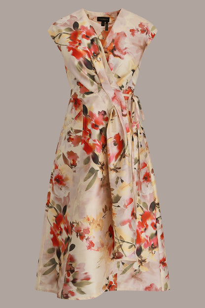 DUPIONI FLORAL WRAP DRESS - EGGSHELL MULTI