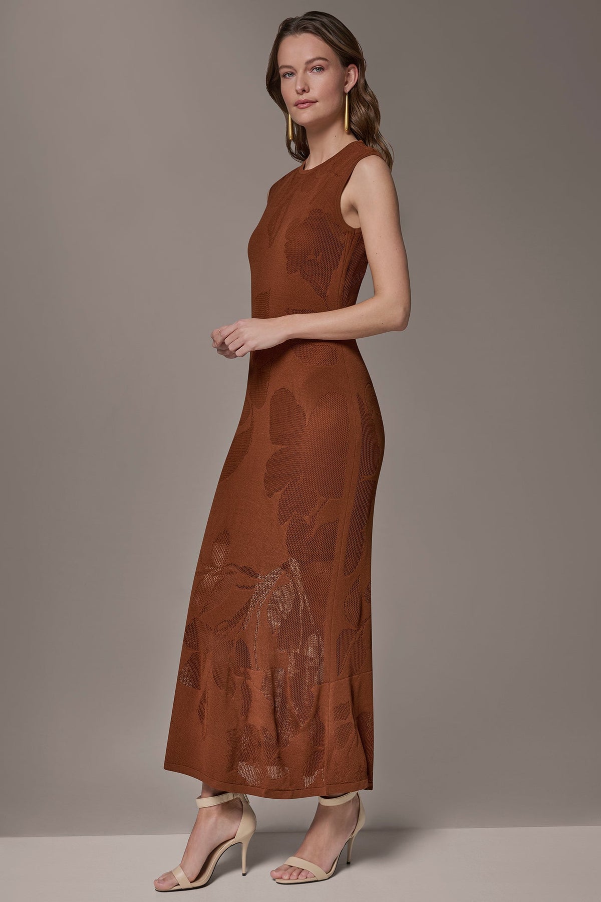 FLORAL-JACQUARD MIDI SWEATER DRESS - Cognac