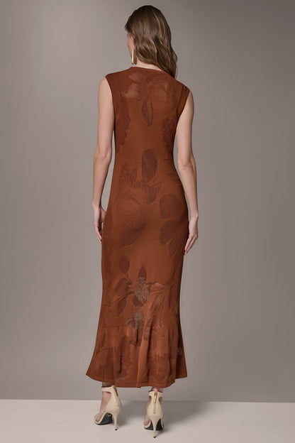 FLORAL-JACQUARD MIDI SWEATER DRESS - Cognac