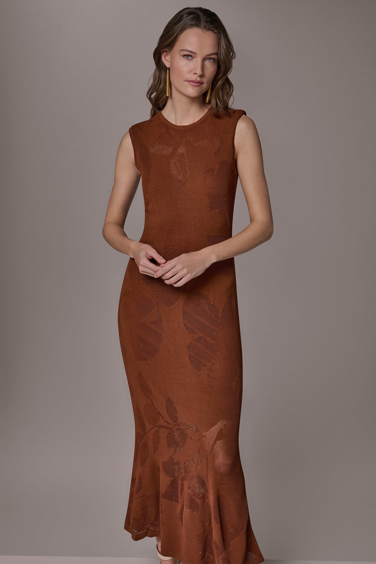 FLORAL-JACQUARD MIDI SWEATER DRESS - Cognac
