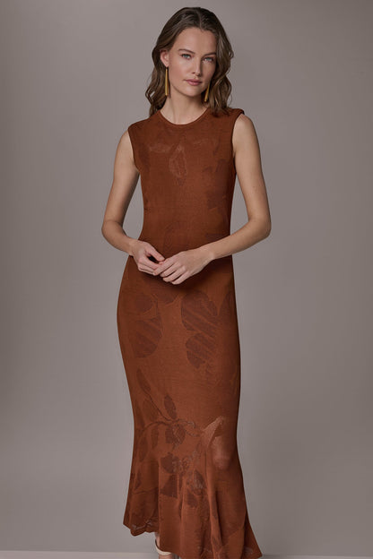 FLORAL-JACQUARD MIDI SWEATER DRESS - Cognac