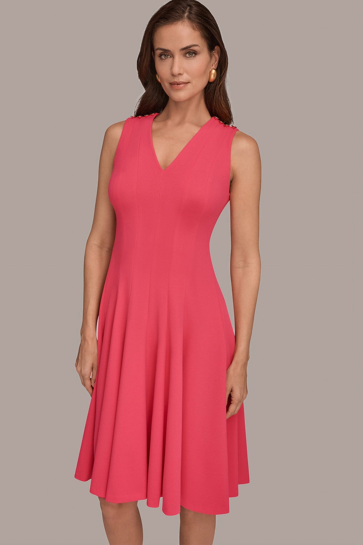 SLEEVELESS BUTTON MIDI FIT AND FLARE DRESS - Azalea