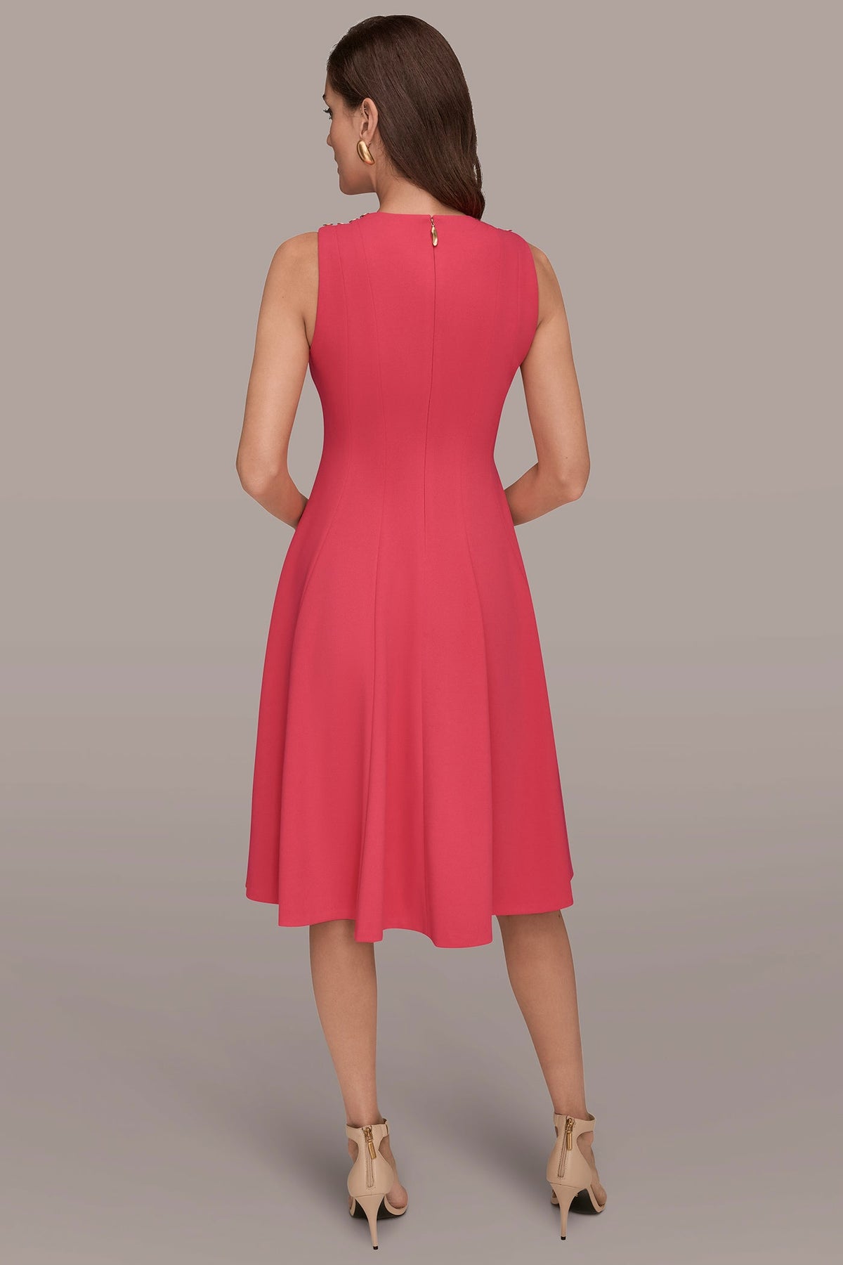 SLEEVELESS BUTTON MIDI FIT AND FLARE DRESS - Azalea