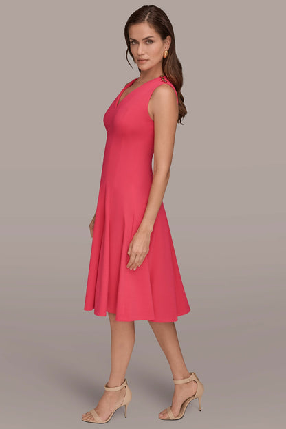 SLEEVELESS BUTTON MIDI FIT AND FLARE DRESS - Azalea