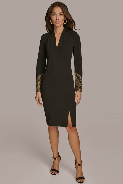 LONG SLEEVE V-NECK SHEATH DRESS - BLACK/GOLD