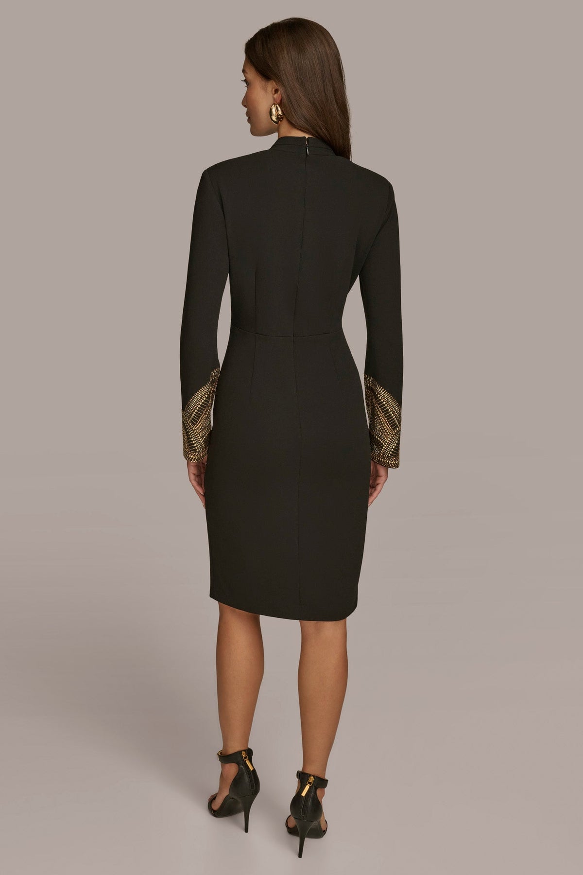 LONG SLEEVE V-NECK SHEATH DRESS - BLACK/GOLD