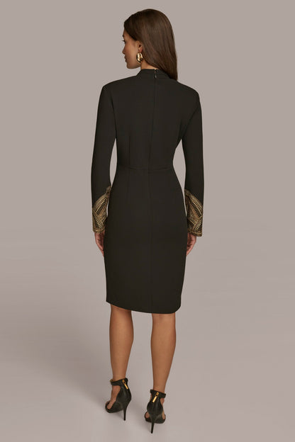 LONG SLEEVE V-NECK SHEATH DRESS - BLACK/GOLD