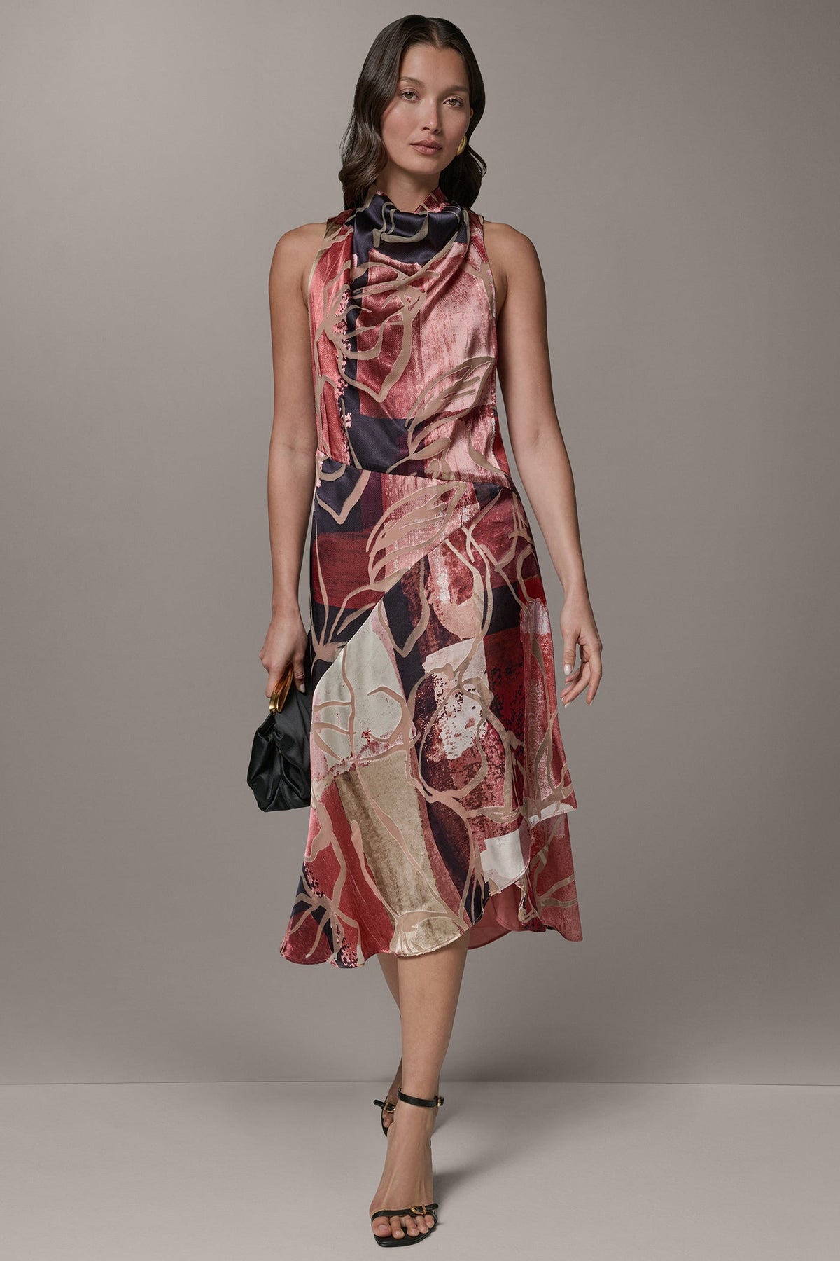SLEEVELESS COWL NECK MIDI A-LINE DRESS - Burnout Multi