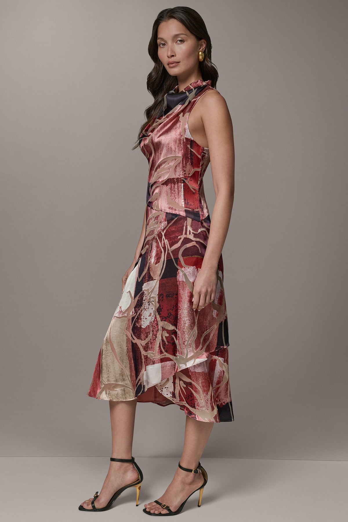 SLEEVELESS COWL NECK MIDI A-LINE DRESS - Burnout Multi