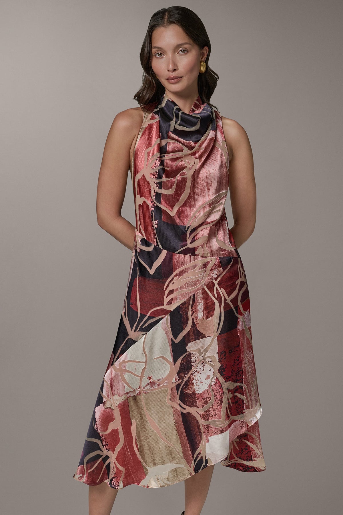 SLEEVELESS COWL NECK MIDI A-LINE DRESS - Burnout Multi