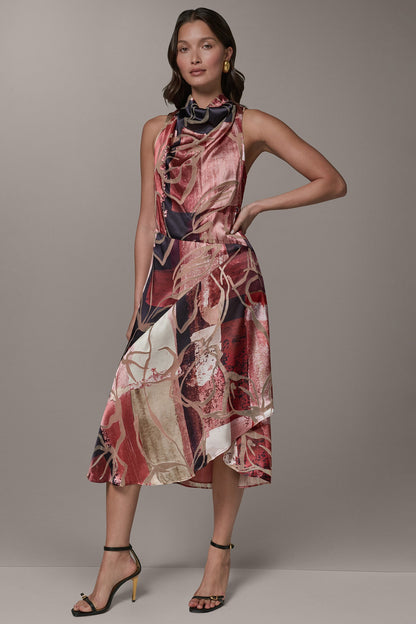 SLEEVELESS COWL NECK MIDI A-LINE DRESS - Burnout Multi