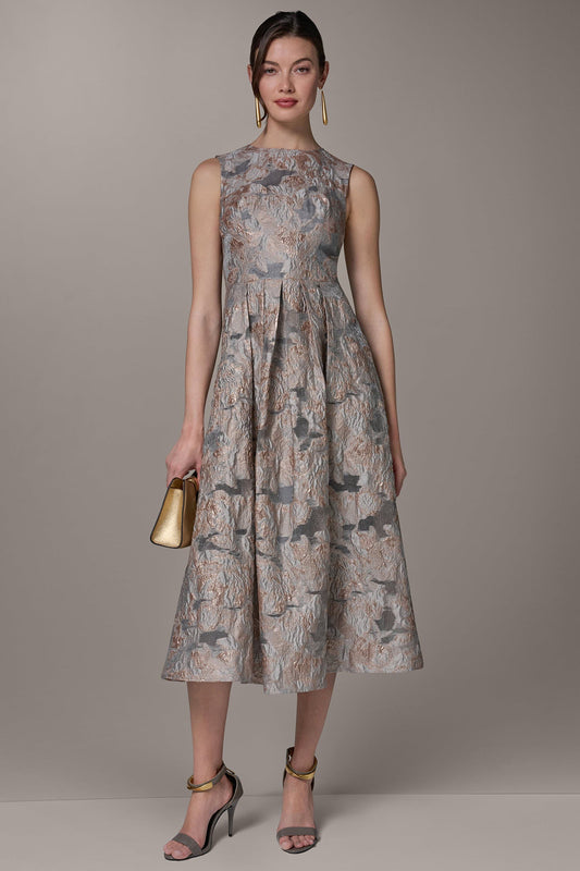 SLEEVELESS FLORAL MIDI FIT AND FLARE GOWN - Grey Multi