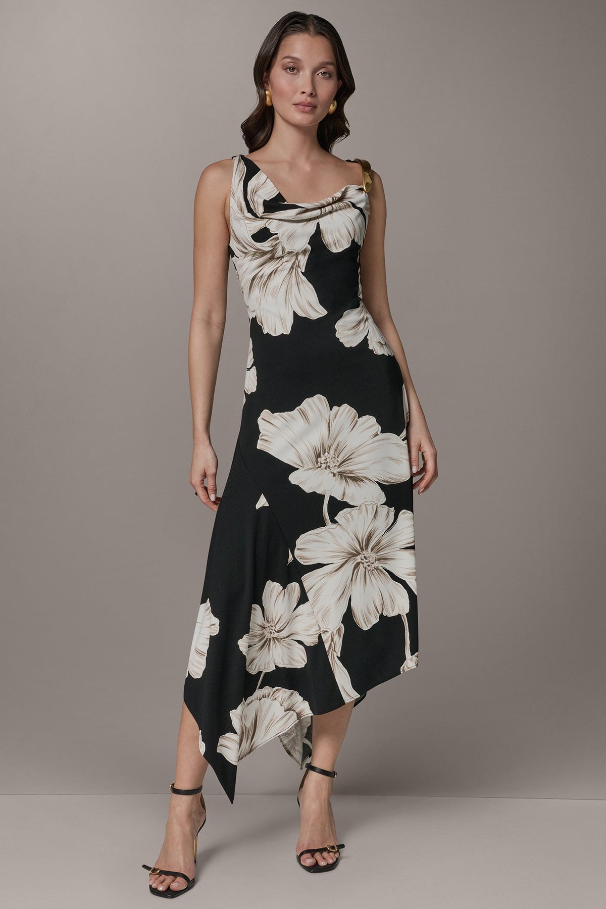 SLEEVELESS COWL-NECK ASYMMETRIC FLORAL MIDI DRESS - Black Multi