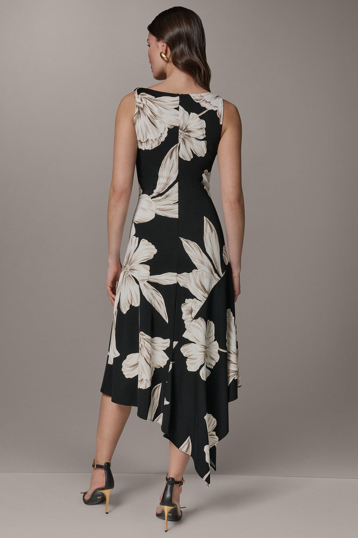 SLEEVELESS COWL-NECK ASYMMETRIC FLORAL MIDI DRESS - Black Multi