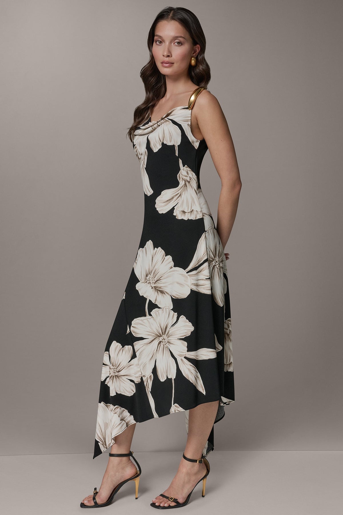 SLEEVELESS COWL-NECK ASYMMETRIC FLORAL MIDI DRESS - Black Multi
