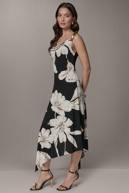 SLEEVELESS COWL-NECK ASYMMETRIC FLORAL MIDI DRESS - Black Multi