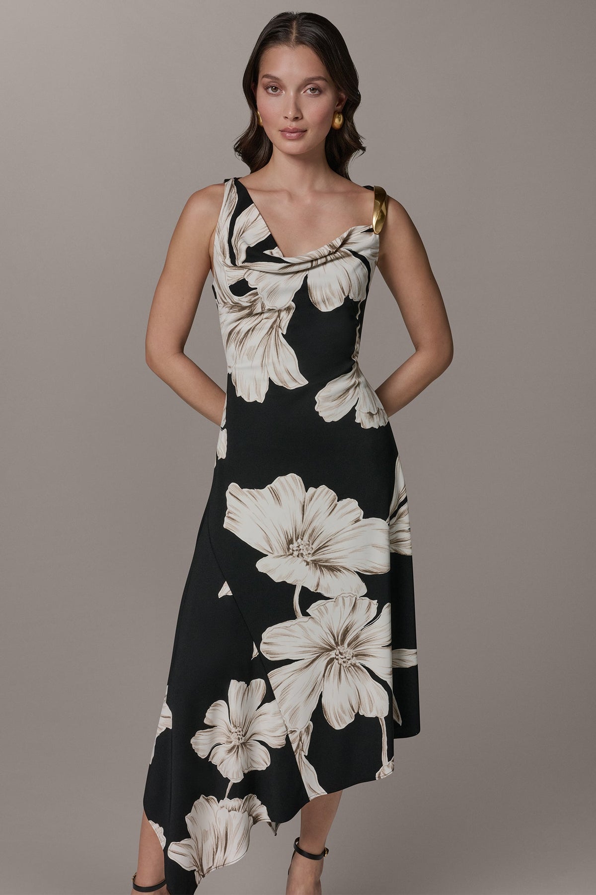 SLEEVELESS COWL-NECK ASYMMETRIC FLORAL MIDI DRESS - Black Multi