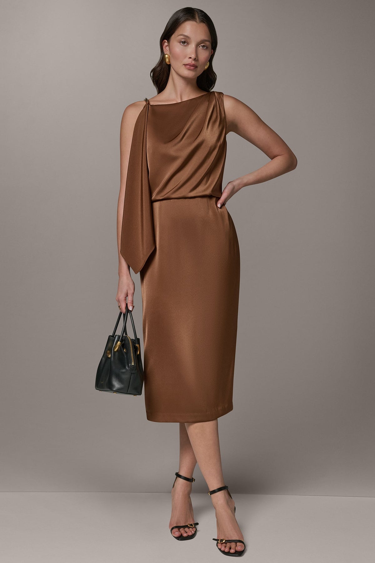 SLEEVELESS ASYMMETRIC MIDI DRESS - Russet