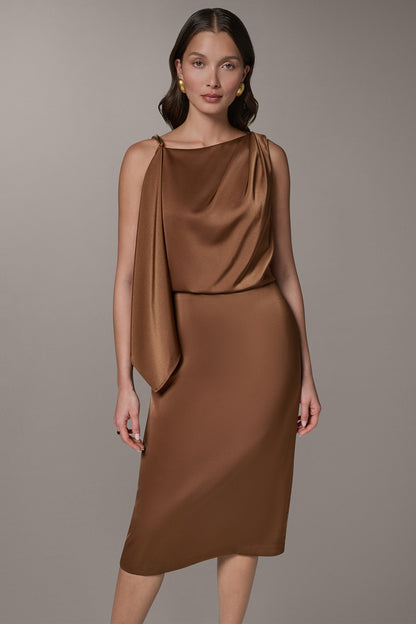 SLEEVELESS ASYMMETRIC MIDI DRESS - Russet