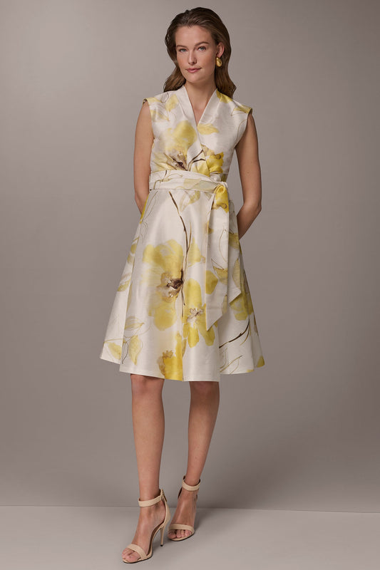 FLORAL JACQUARD WRAP-EFFECT MIDI DRESS - Limoncello Multi