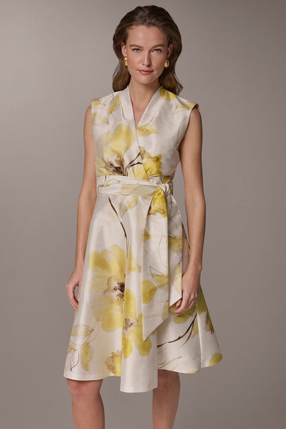 FLORAL JACQUARD WRAP-EFFECT MIDI DRESS - Limoncello Multi