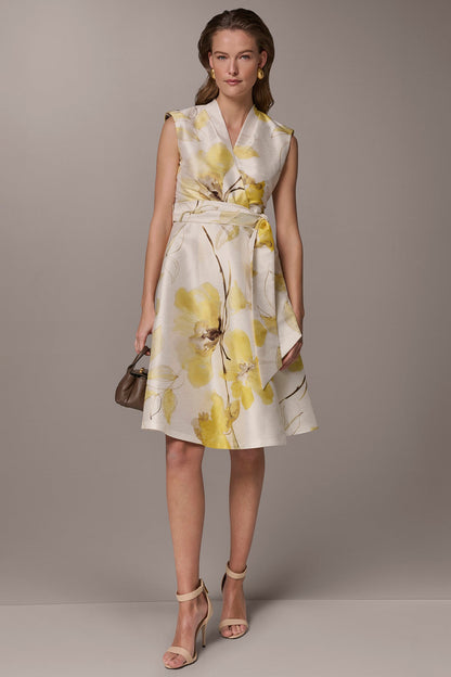 FLORAL JACQUARD WRAP-EFFECT MIDI DRESS - Limoncello Multi